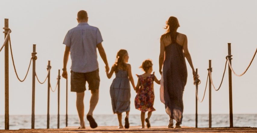 family, walk, beach