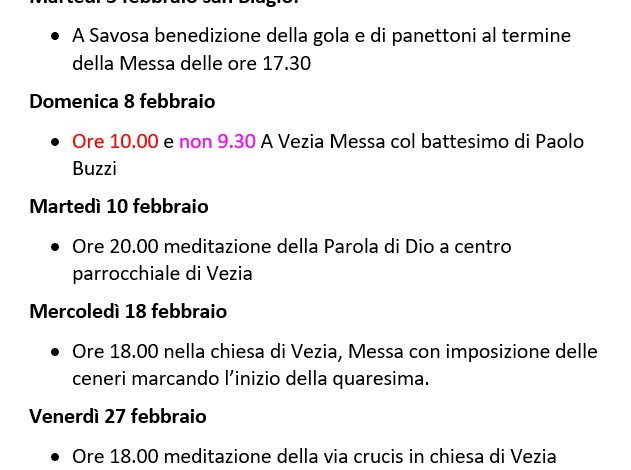 AVVISI PARROCCHIALI – FEBBRAIO 2026