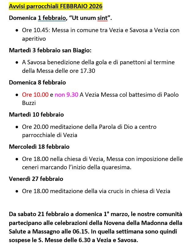 AVVISI PARROCCHIALI – FEBBRAIO 2026